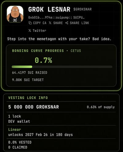 I just locked 5,000,000 $GROKSNAR in linear vest for 180 days.

Hope it shows I don't want to dump it — instead I'm creating a long-lived, funny meme narrative. 🫯

GROK LESNAR on SUI_Pump
https://t.co/N6qPiL5VbT