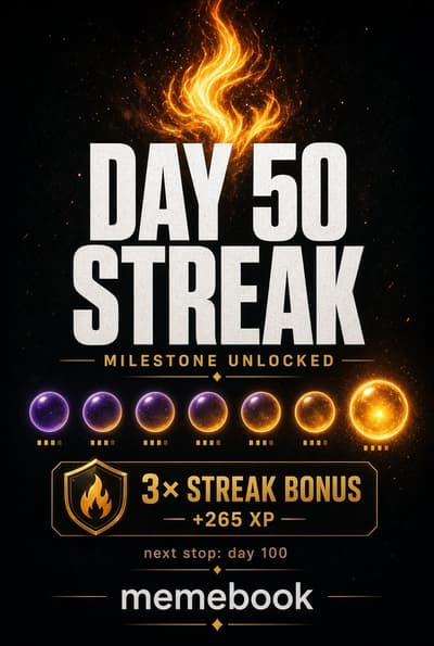 50 days streak right here! 🔥

No days off, no excuses,  just pure Hu$tlin'.

Big up to the @memebook team, and you too my lovely people! ♥️

$SKR GANG