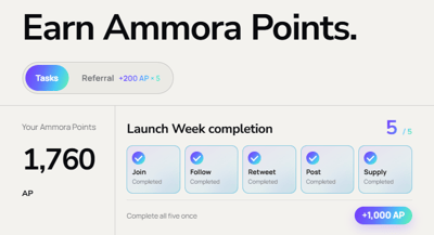 ⛏️Ammora Waitlist  
💲tAMM Testnet earning points
Ammora Swap Mission introduces $tAMM, a test token that lets you experience Ammora’s trading features firsthand. 
1. Swap and Earn AP. 
2. Meet $tAMM. 
3. Your Trades Help Build the Market.