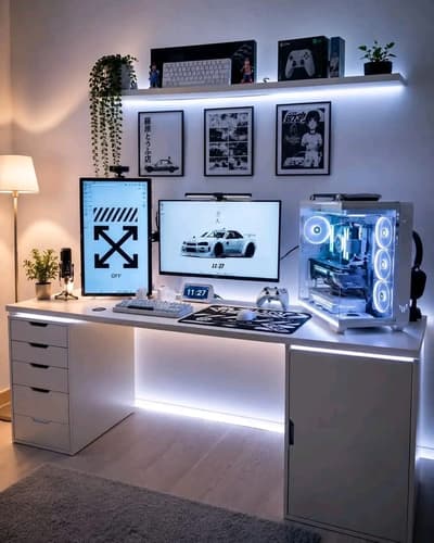 A clean, aesthetic gaming setup isn’t just about RGB. It’s about creating the perfect vibe. 🎮✨

The minimal desk, dual monitors, white PC build, soft LED lighting, and anime-inspired decor make this setup look absolutely 🔥. Perfect for gaming, work, and content creation. 🤍