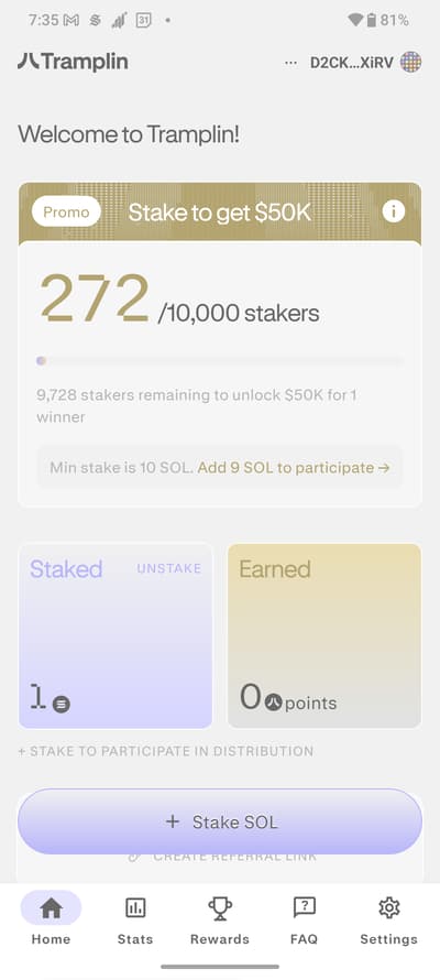 Be early is profitable 
i just join the Tramplin arena with 1 SOL 9 more SOL to join the $50k raffle