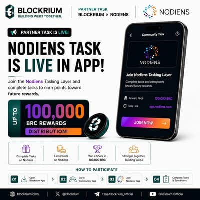 Nodiens × Blockrium is LIVE!

A new partner task is now available in the Blockrium app.

🎯 Join the 
@nodiens
 Tasking Layer
✅ Complete tasks
⭐️ Earn points toward future rewards
🎁 Up to 100,000 BRC rewards available

Open the Blockrium app, head to Community Tasks, and join the Nodiens task.

Let’s build and grow together. https://t.me/airdrop4hunter2023/9744