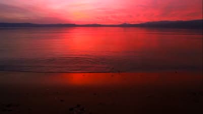 A breathtaking sunset paints the calm ocean in fiery hues of crimson and gold, whispering serenity to the quiet shore. 🌅