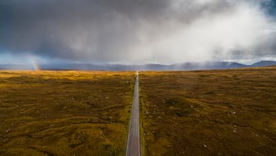 A solitary road stretches endlessly across the golden wilderness, leading travelers beneath heavy storm clouds and a faint rainbow. 🌈