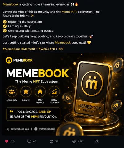 Memebook is getting more interesting every day 👀🔥

Exploring the ecosystem, earning XP, and connecting with the community. 🚀

Just getting started — let’s see where Memebook goes next! 🟡

#Memebook #MemeNFT #Web3 #NFT