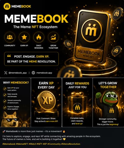🚀 Memebook is more than just memes — it’s a movement! 🔥

Exploring the ecosystem, earning XP, and connecting with amazing people along the way. 👀⚡

The future of memes is here, and we’re building it together! 🟡

#Memebook #MemeNFT #Web3 #NFT #XP #Community