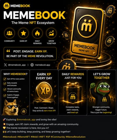 👀 Every day brings something new on Memebook.

Posting, engaging, meeting new people, and collecting XP along the way ⚡🔥

The community is growing — and I’m happy to be part of it. 🟡🚀

Let’s keep building and growing together! 🤝

#Memebook #MemeNFT #Web3 #Community #XP