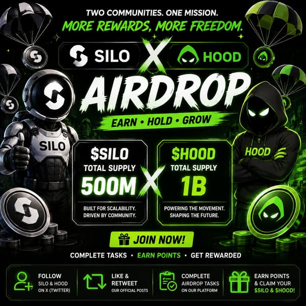 🧩HOOD AIRDROP

https://t.me/Hoodappbot?start=HOODL3WVIA

- Complete taks
Airdrop hood countdown 39 day
Total suply 1B $HOOD


🧩SILO AIRDROP
https://t.me/Siloappbot?start=3G046B6N

- Dayli spin
- Complete taks
- Done
Min wd 800star = 6 $TON